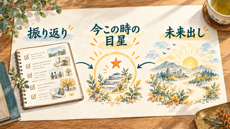左に振り返り、右に未来出し、真ん中に今この時の目星を描いたイラスト