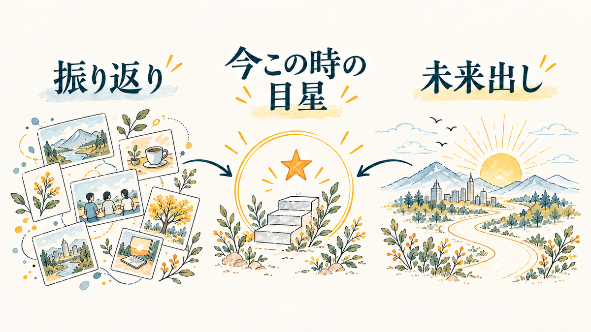左に出来事や気持ちを自由につなぐ振り返りのカード、右に未来出しの風景、中央に今この時の目星となる星と階段